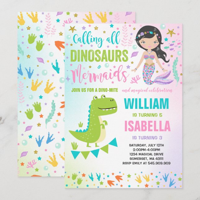 Mermaid Et Dinosaur Invitation Magique (Devant / Derrière)