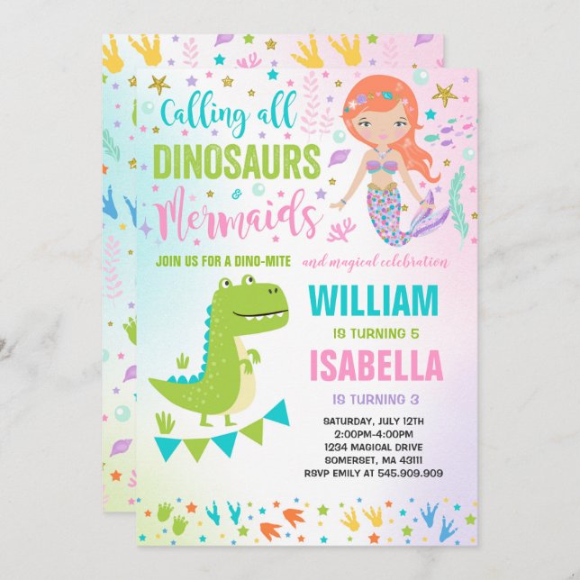 Mermaid Et Dinosaure Anniversaire Invitation Magiq (Devant / Derrière)