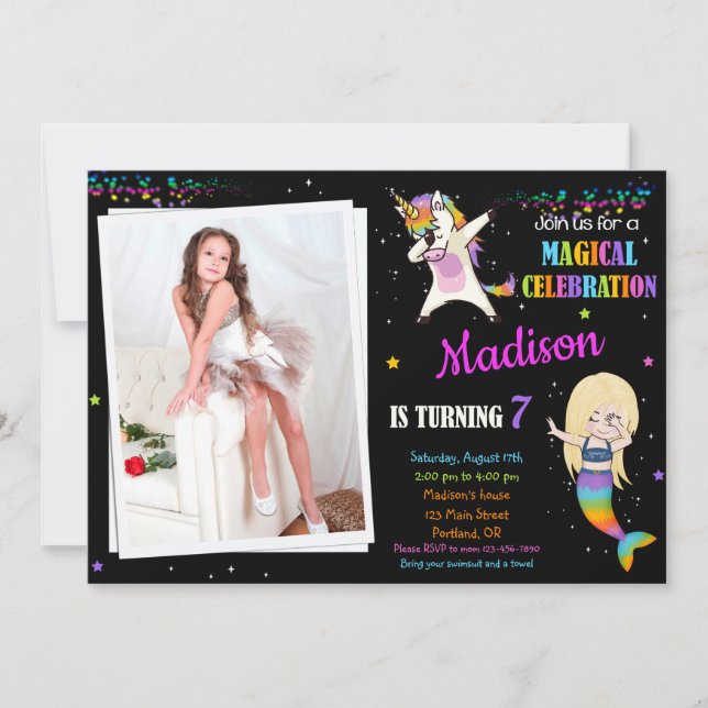 Mermaid et Unicorne invitation anniversaire Dabbin (Devant)