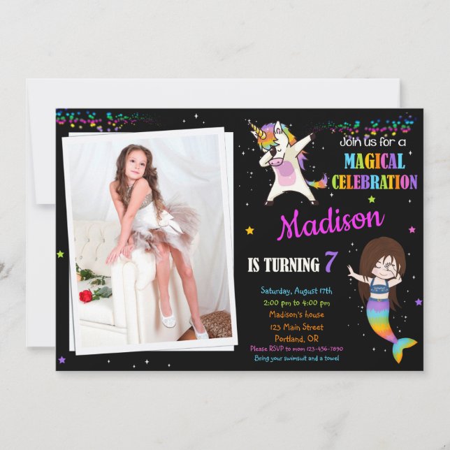 Mermaid et Unicorne invitation anniversaire Dabbin (Devant)