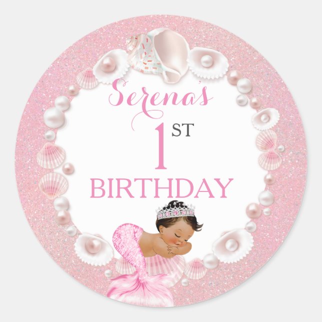 Mermaid Ethnic Baby Girl Pink Shell Pearls Classic Round Sticker (Front)