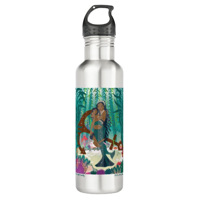 Mermaid Family (brown skin and eyes) Water Bottle (Front)