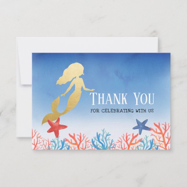 Mermaid Faux Gold Foil | Blue Baby Shower Thank You Card (Front)