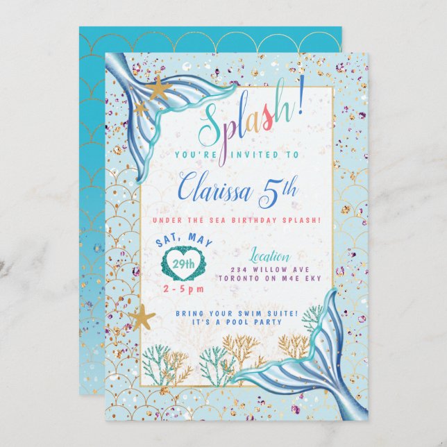 Mermaid Fin Under The Sea Teal Birthday Invitation (Front/Back)