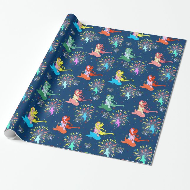 Mermaid Fireworks wrapping paper gift wrap (Unrolled)