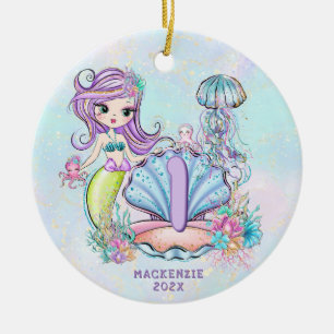 Mermaid First Birthday Whimsical Keepsake Ceramic Ornament