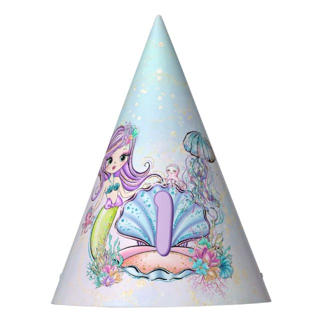 Mermaid First Birthday | Whimsical Sea Life Party Hat (Front)