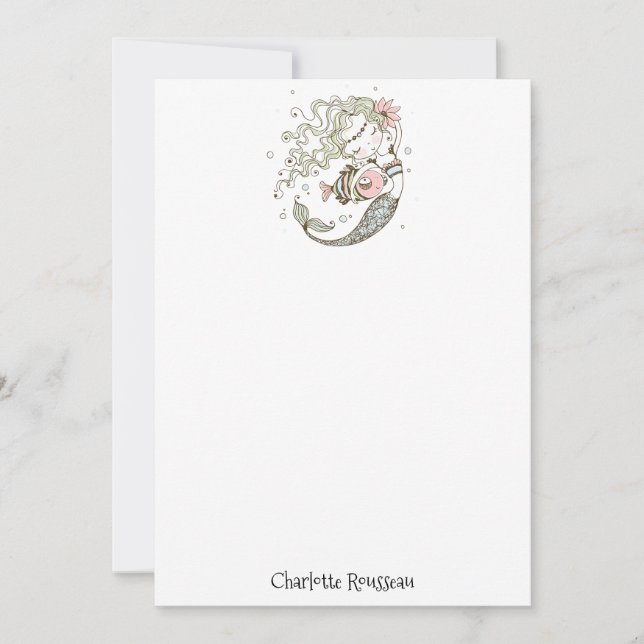Mermaid Fish Kid's Personalized Stationery Card (Front)