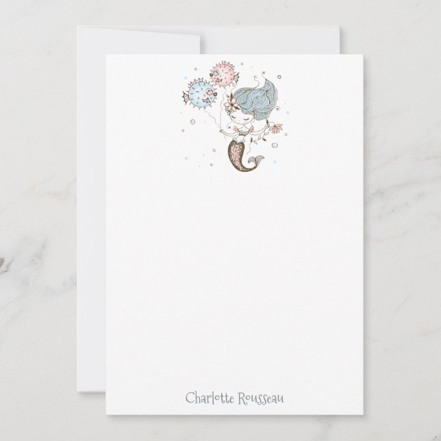 Mermaid Fish Kid's Personalized Stationery Card (Front)