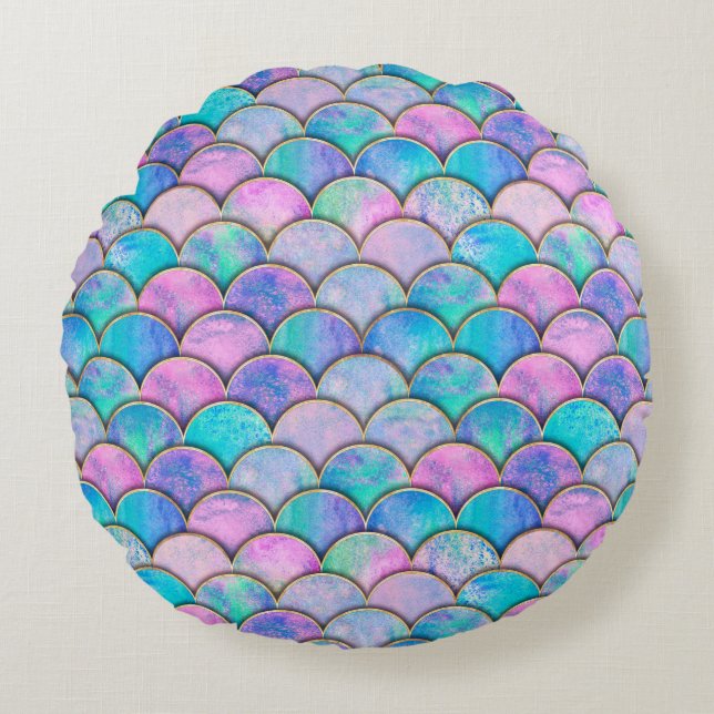 Mermaid fish scale wave japanese seamless pattern. round pillow (Front)