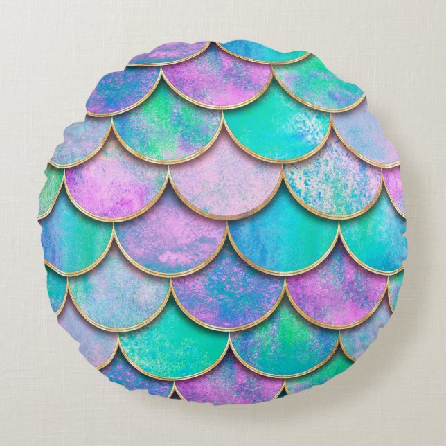 Mermaid fish scale wave japanese seamless pattern. round pillow (Front)