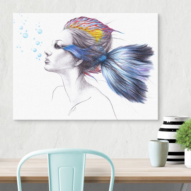 Mermaid Fish Woman Fantasy Surreal Art Drawing Canvas Print (Creator Uploaded)