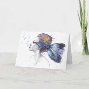 Mermaid Fish Woman Fantasy Surreal Art Drawing Card