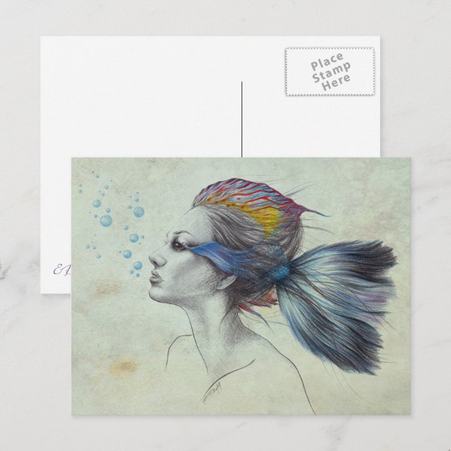 Mermaid Fish Woman Surreal Art Fantasy Drawing Postcard (Front/Back)