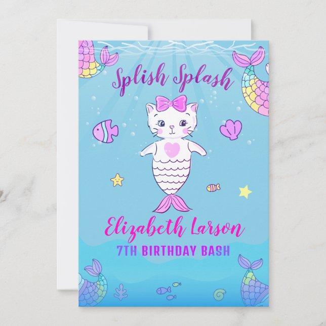 Mermaid Funny Kitty Purr maid Pool Party Birthday Invitation (Front)