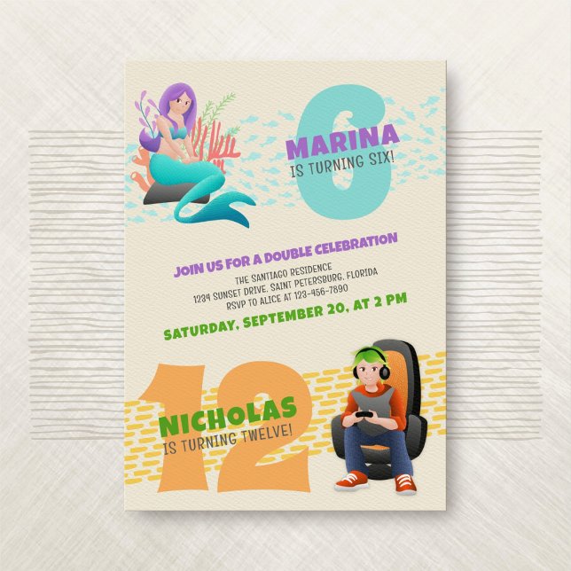 Mermaid Gamer Joint Double Invitation Anniversaire (Créateur téléchargé)