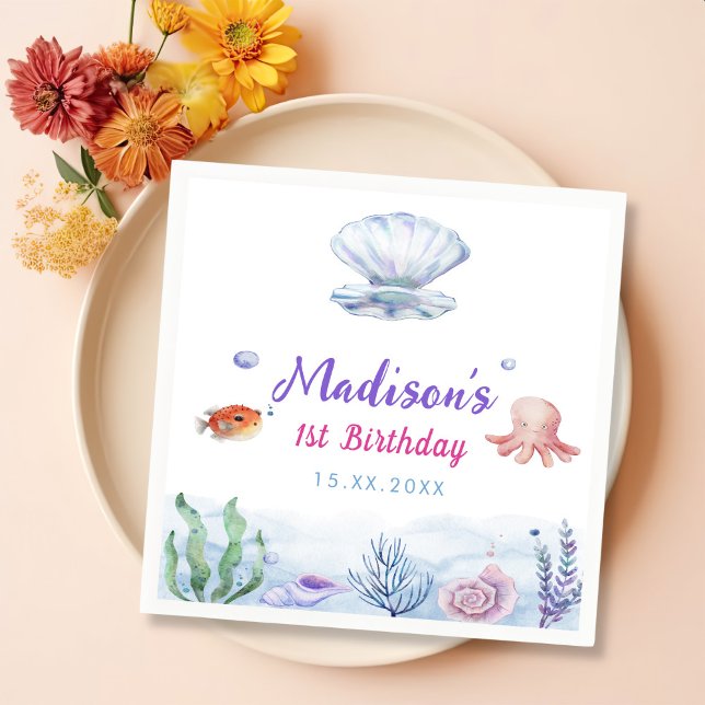 Mermaid Girl 1st Birthday Party Napkin (Creator Uploaded)