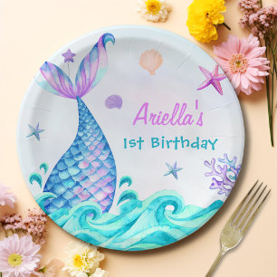 Mermaid Girl 1st Birthday Party Paper Plate