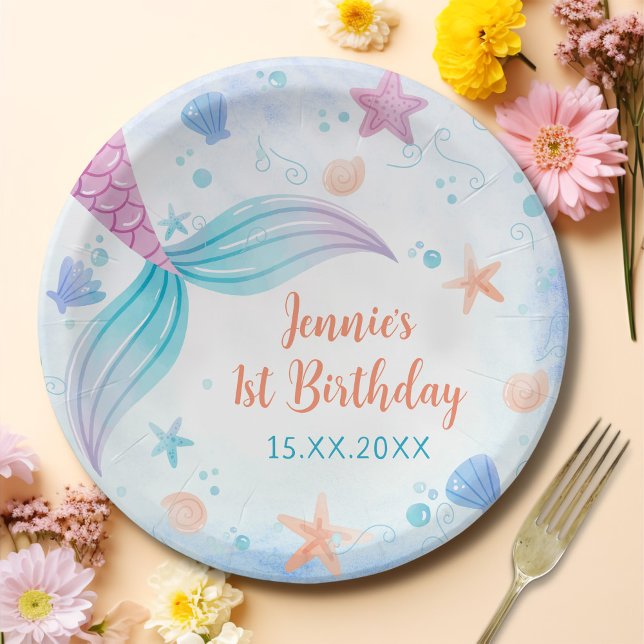 Mermaid Girl 1st Birthday Party Paper Plate (Creator Uploaded)