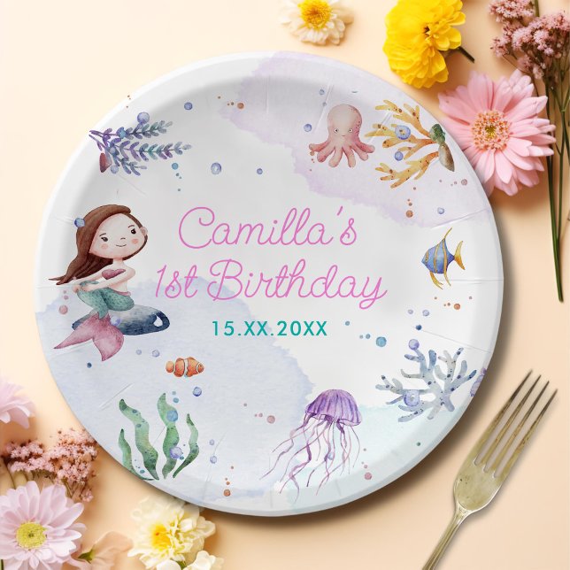 Mermaid Girl 1st Birthday Party Paper Plate (Creator Uploaded)