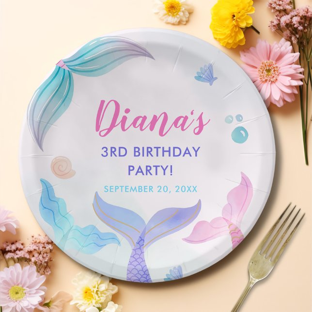 Mermaid Girl 3rd Birthday Party Paper Plate (Creator Uploaded)