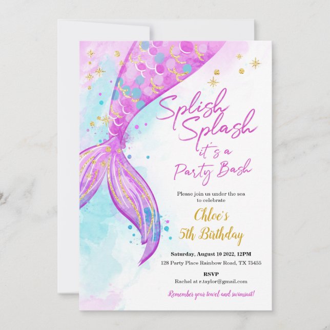 Mermaid Girl Birthday Party Invitation  (Front)