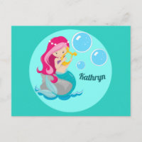 Mermaid Girl Cute Custom Teal Monogram Kids