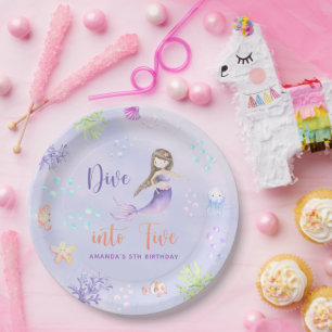 Mermaid Girl Dive Into Five 5th Birthday Party Paper Plate