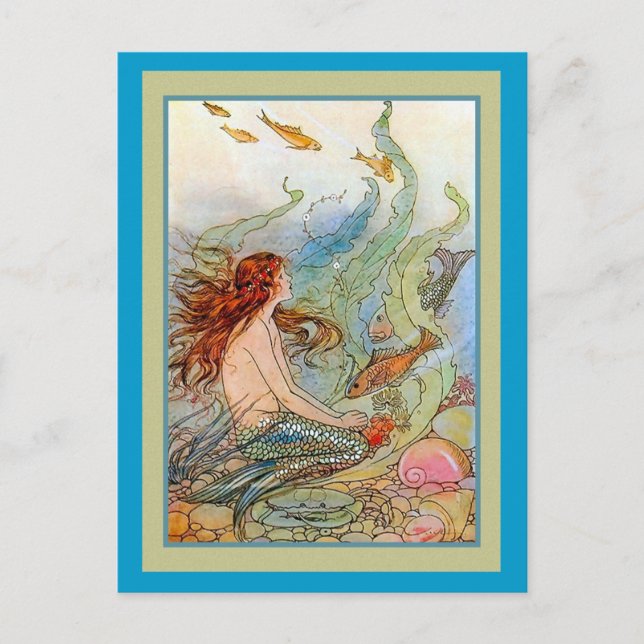 Mermaid Girl in Sea with Fish and Shells Postcard (Front)