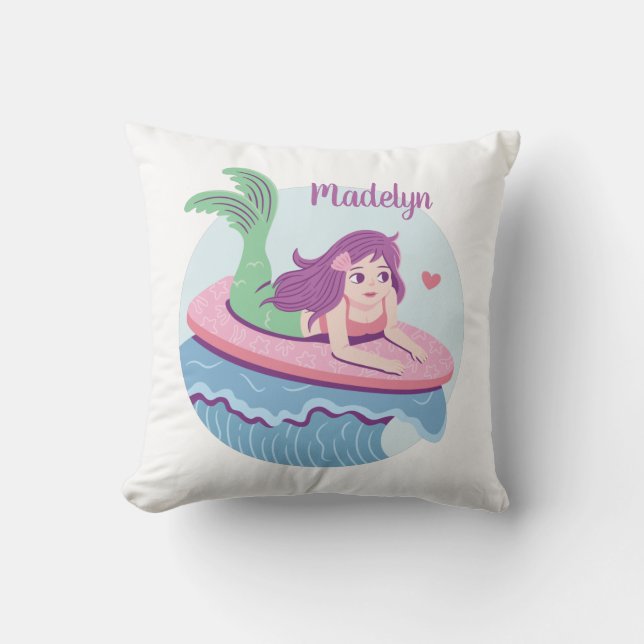 Mermaid Girl On Surfboard Ocean Room Decor Throw Pillow (Front)