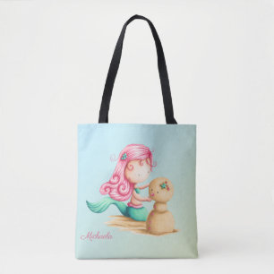 Mermaid Girl Playing with the Sand Personalized Tote Bag