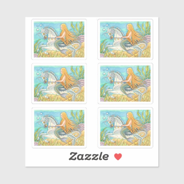 MERMAID GIRL RIDING HER UNICORN SEAHORSE, MERHORSE (Sheet)