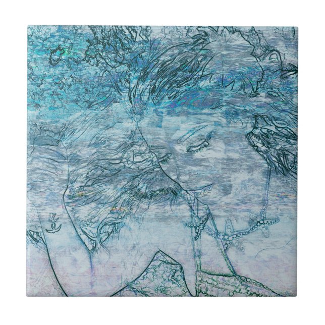Mermaid Girl Teal Green Blue Nautical Ocean Waves Tile (Front)