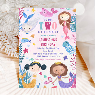 Mermaid Girl Under The Sea 2nd Birthday Party  Invitation