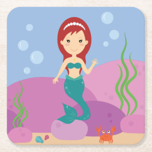 Mermaid girl underwater sea landscape square paper coaster