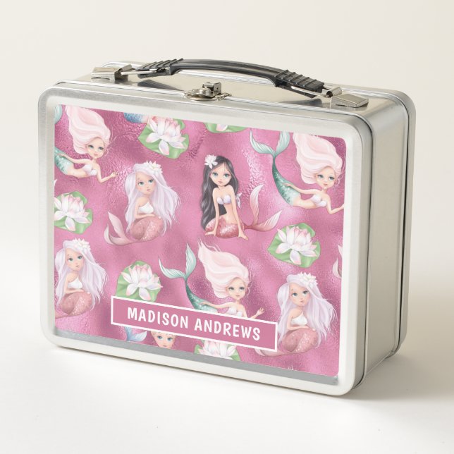 Mermaid Girly Chic Metallic Pink Personalized Name Metal Lunch Box (Front)