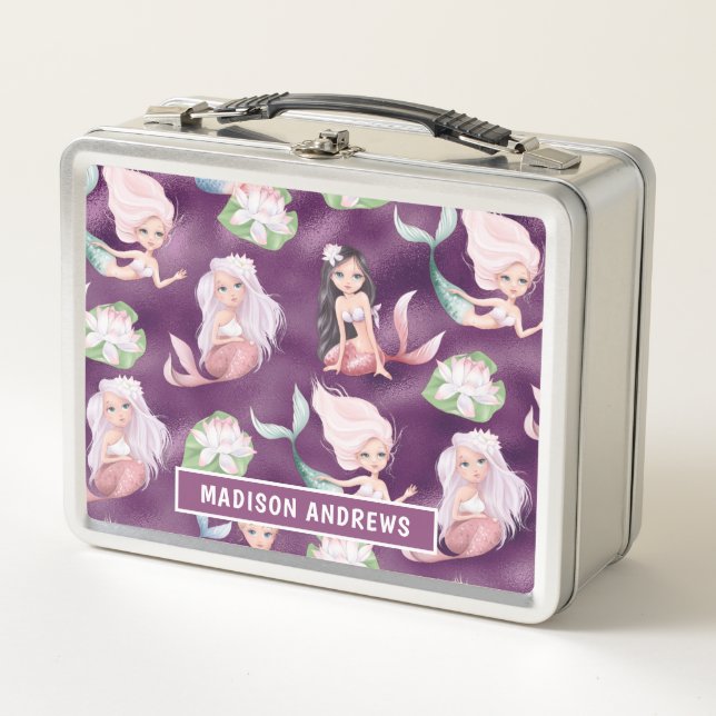Mermaid Girly Metallic Purple Personalized Name Metal Lunch Box (Front)