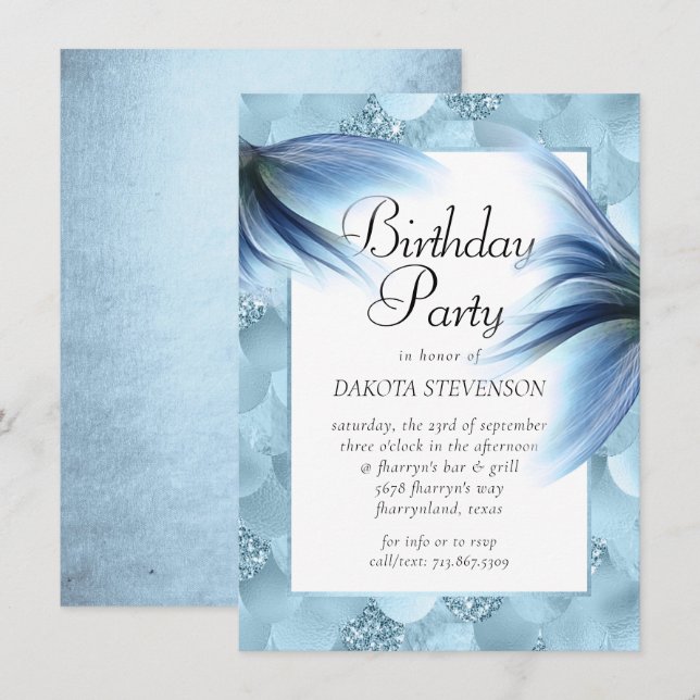 Mermaid Glam Tail | Dusty Ice Blue Lustre Birthday Invitation (Front/Back)