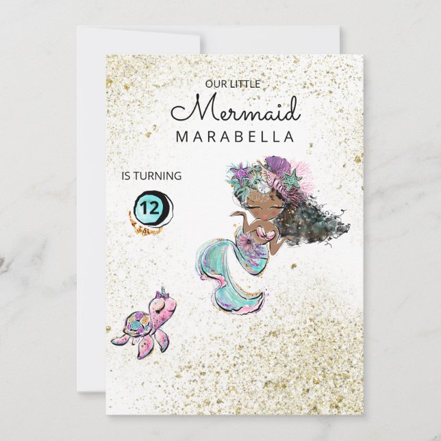 *~* Mermaid Glitter Black Hair Birthday Invitation (Front)