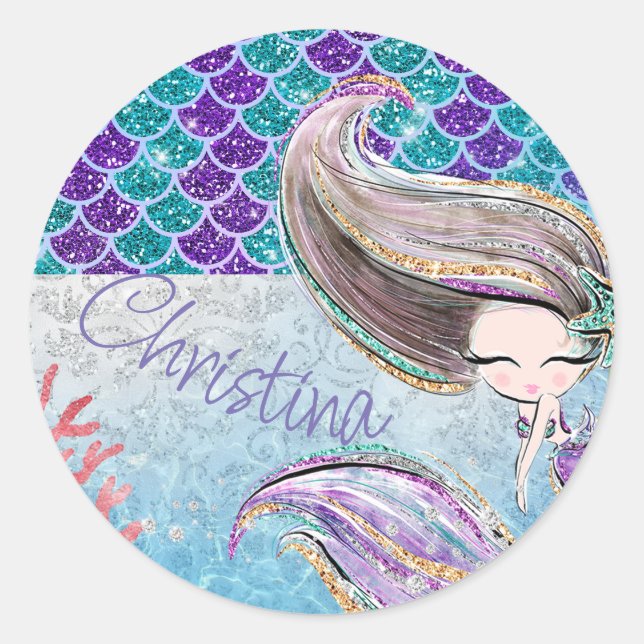 Mermaid Glitter Illustration with Tail Scales Classic Round Sticker (Front)