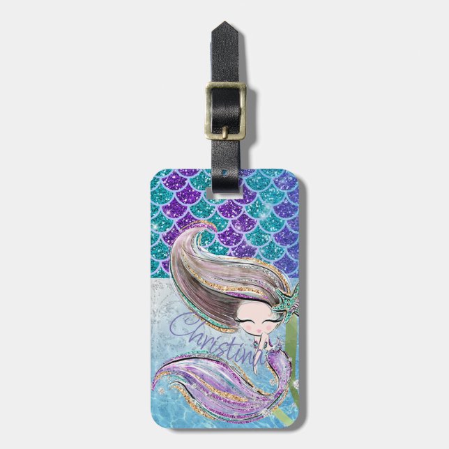 Mermaid Glitter Illustration with Tail Scales Luggage Tag (Front Vertical)