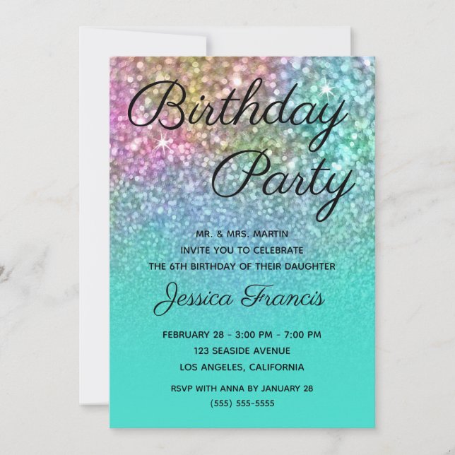 Mermaid Glitter Turquoise Ombre Birthday Party Invitation (Front)