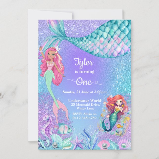 Mermaid Glitter, Under the Sea Birthday invitation (Front)