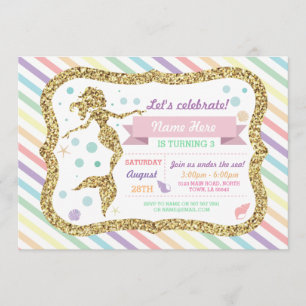 Mermaid Gold Glitter Rainbow Stripe Invitation