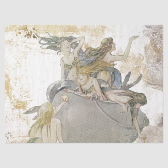 Mermaid Gold Silver Distressed Vintage Decoupage   Tissue Paper (Front)