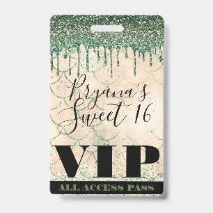 Mermaid Green Peach Glitter Drip Sweet 16 VIP Pass Badge