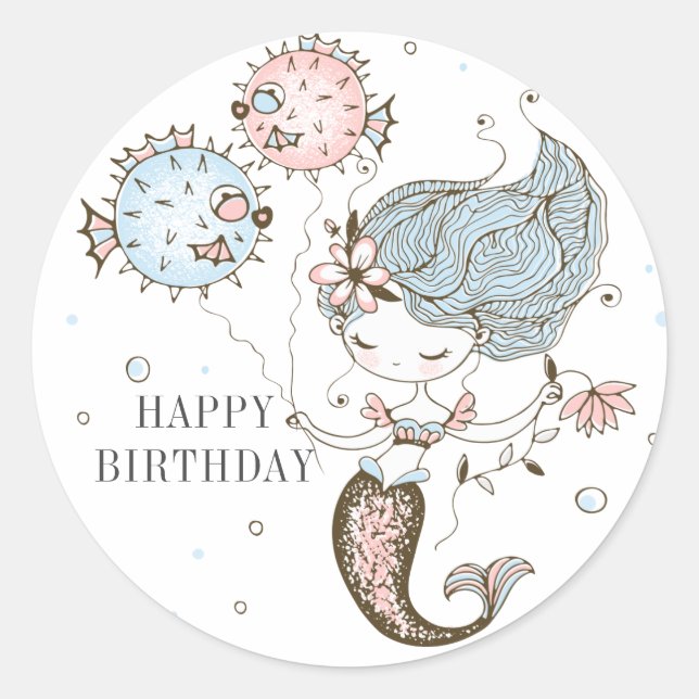 Mermaid Happy Birthday Classic Round Sticker (Front)