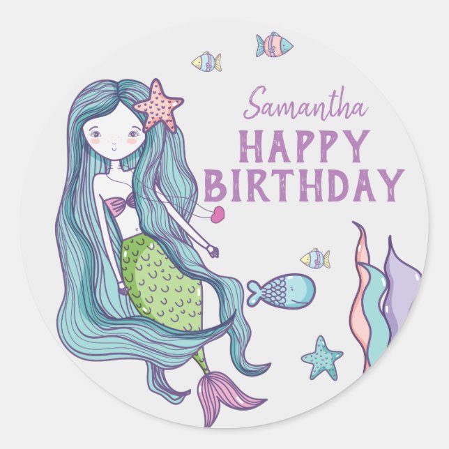 Mermaid Happy Birthday Personalized Classic Round Sticker (Front)