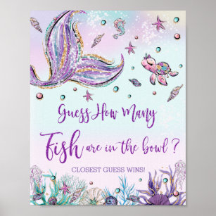 Mermaid How Many Fish in Bowl Baby Shower Birthday Poster