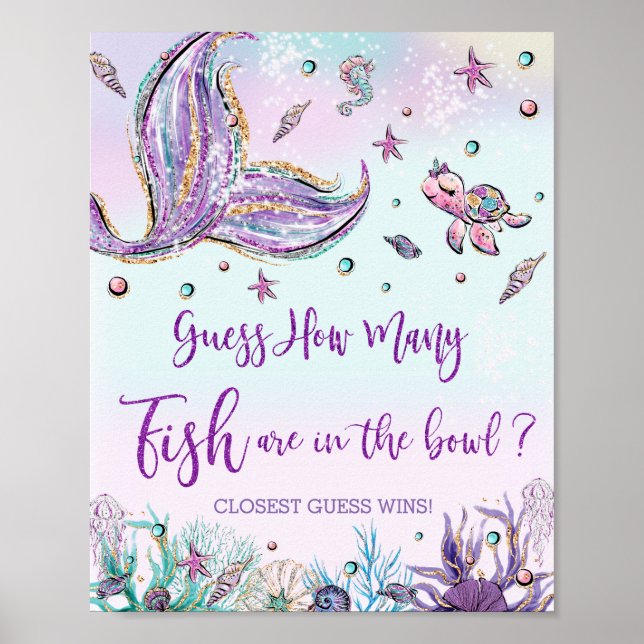 Mermaid How Many Fish in Bowl Baby Shower Birthday Poster (Front)